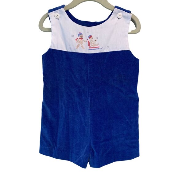 Vintage GINGERSNIPS Baby Romper Boys 2T 2 Blue Velvet Playsuit Bear Sledding - Picture 1 of 5